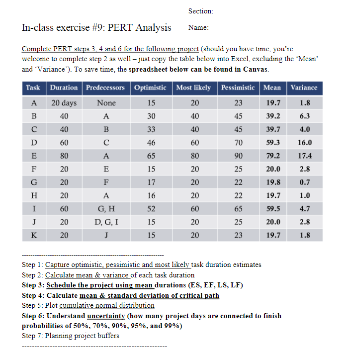 Just steps 3, 4 and 6 Section: In-class exercise