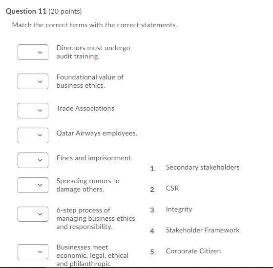 Question 11 (20 points) Match the correct terms
