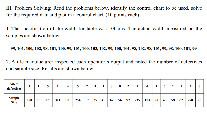 III. Problem Solving: Read the problems below,