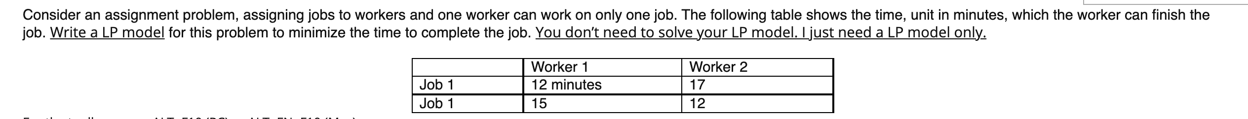 Consider an assignment problem, assigning jobs to