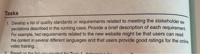 Tasks 1. Develop a list of quality standards or