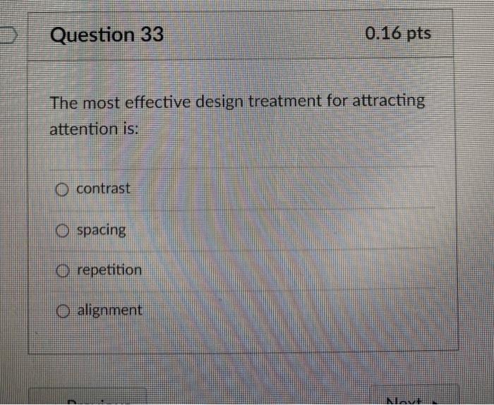 Question 33 0.16 pts The most effective design