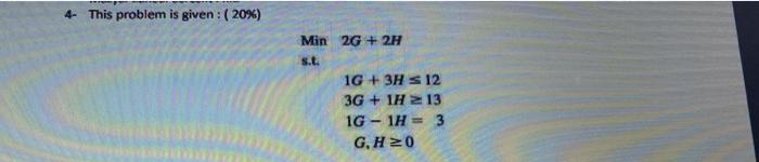 4- This problem is given : (20%) Min 2G + 2H s.t.
