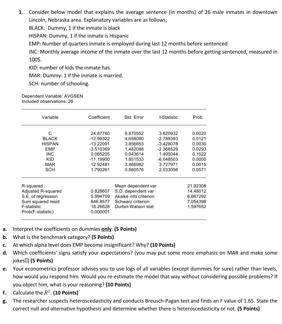 1. Consider below model that explains the average