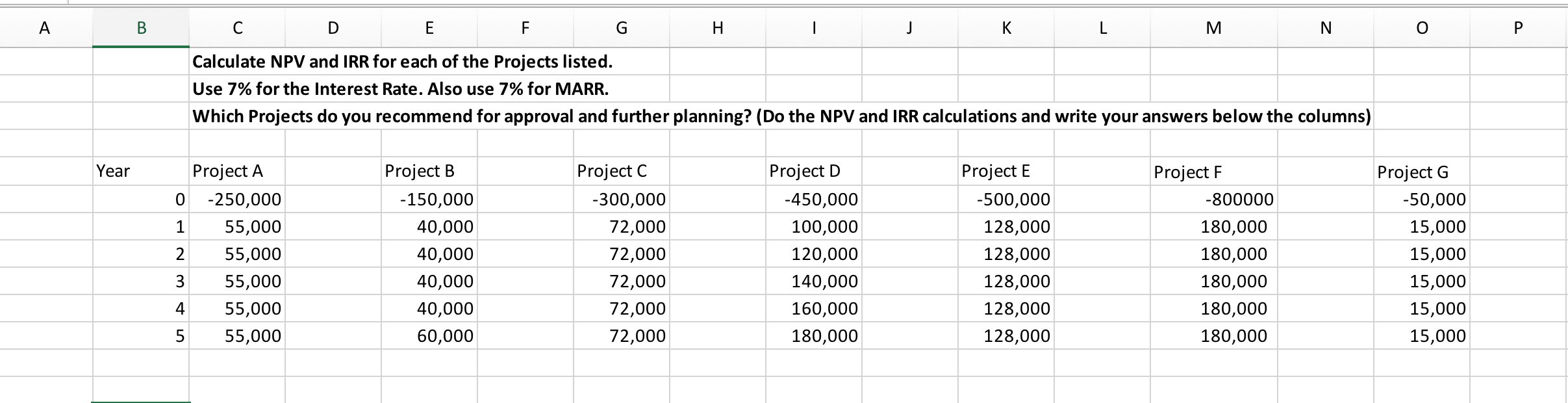 A B D E F G H I J K L M N o Calculate NPV and IRR