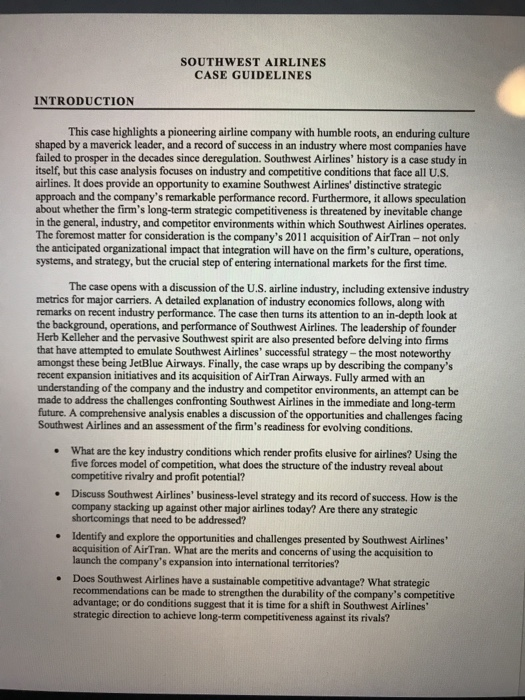 SOUTHWEST AIRLINES CASE GUIDELINES INTRODUCTION