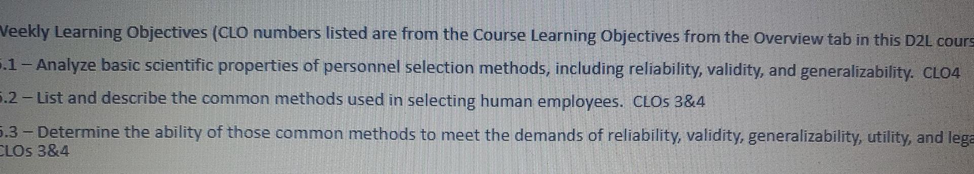 Veekly Learning Objectives (CLO numbers listed