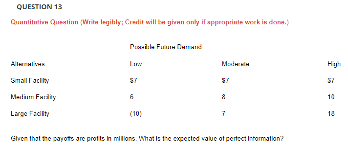 QUESTION 13 Quantitative Question (Write legibly;