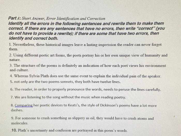 Part 1: Short Answer, Error Identification and