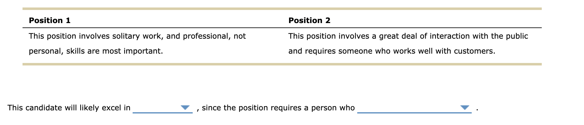 Position 1 Position 2 This position involves