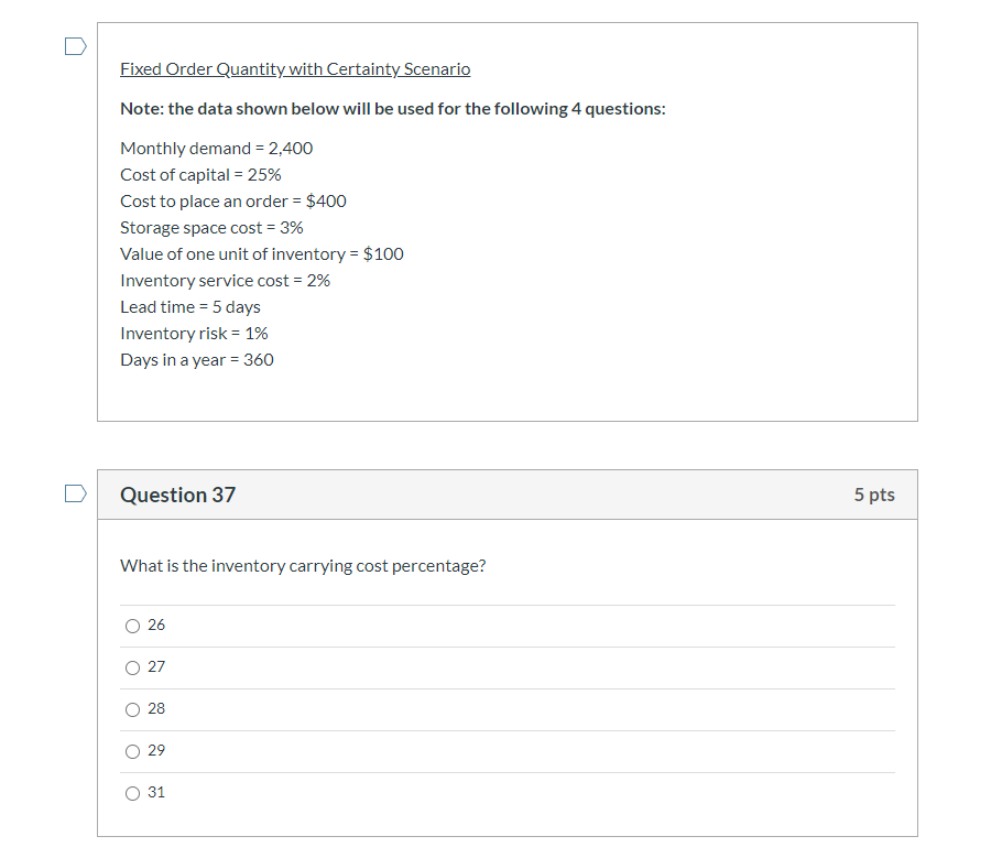 Somebody help please ASAP Fixed Order Quantity