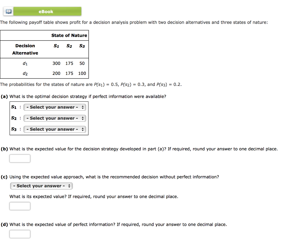 eBook The following payoff table shows profit for