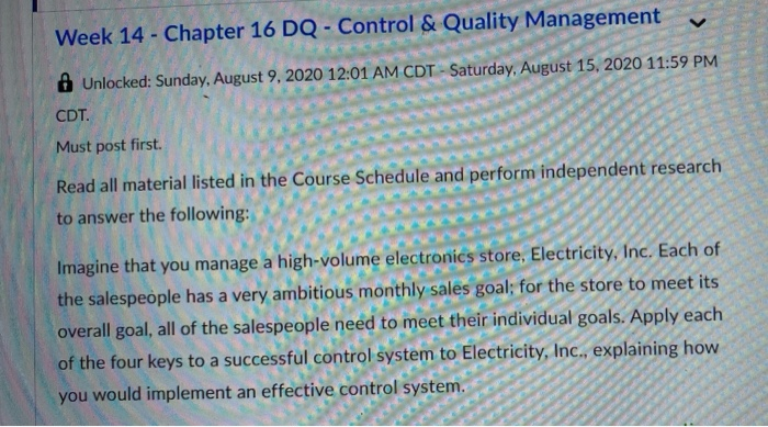 Week 14 - Chapter 16 DQ - Control & Quality