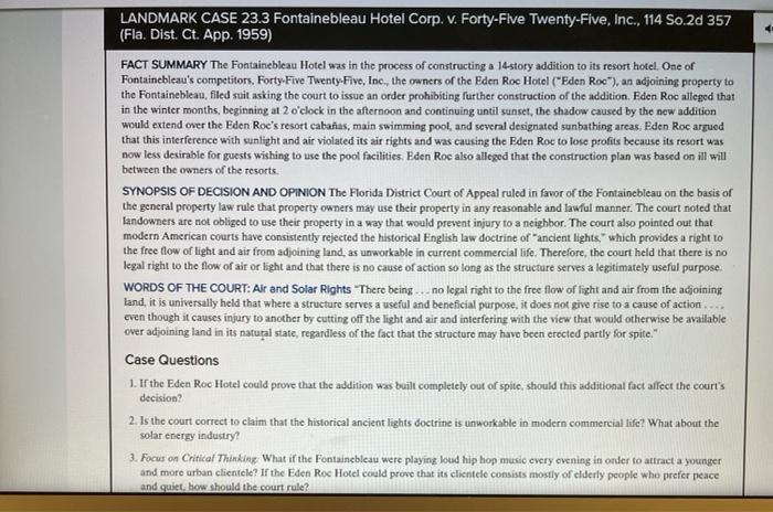 < LANDMARK CASE 23.3 Fontainebleau Hotel Corp. v.