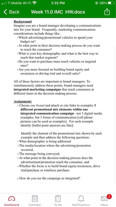 T-Mobile Wi-Fi 2:32 PM @ 56% Back Week 11.0 IMC
