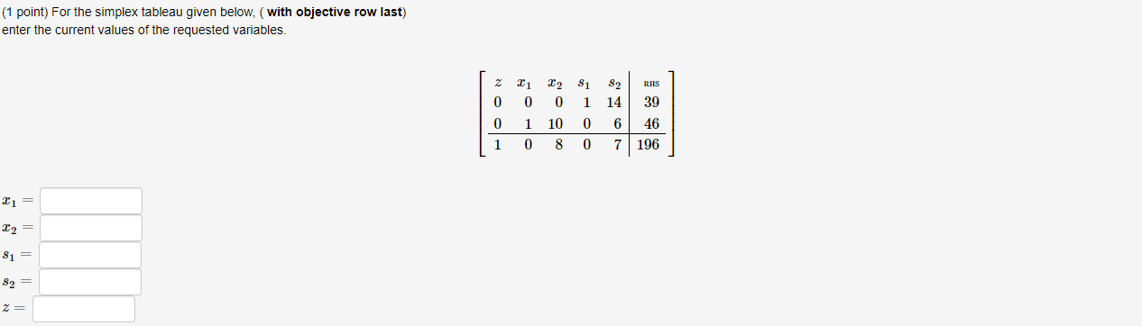 (1 point) For the simplex tableau given below, (