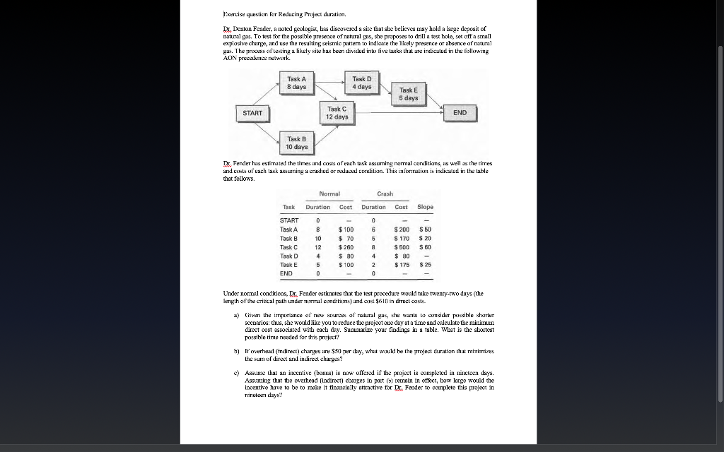 Exercise question I Reducing Project duration Dr.