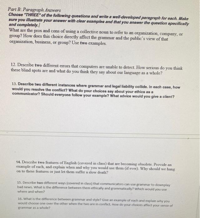 Part B: Paragraph Answers Choose "THREE of the