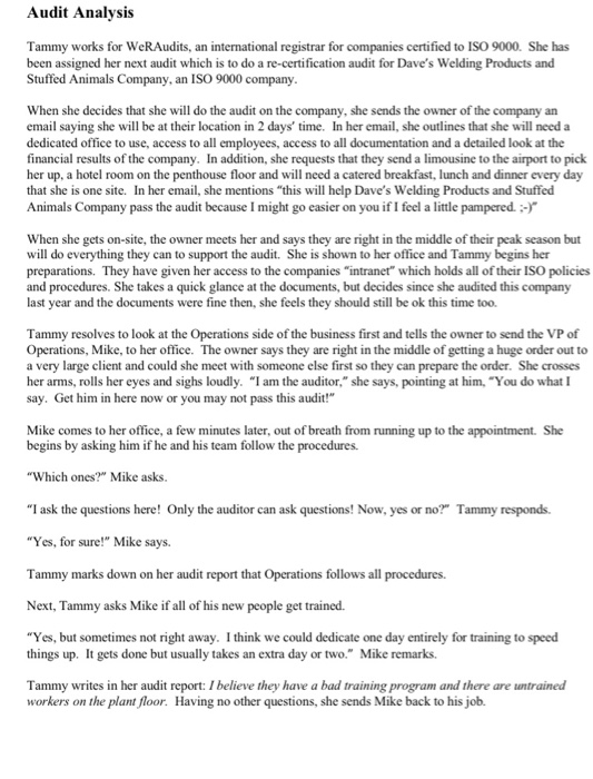 Audit Analysis Tammy works for WerAudits, an