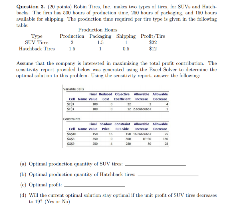 Question 3. (20 points) Robin Tires, Inc. makes