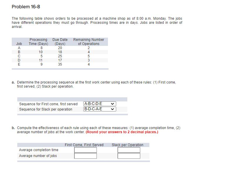Problem 16-8 The following table shows orders to