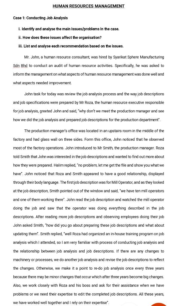 HUMAN RESOURCES MANAGEMENT Case 1: Conducting Job