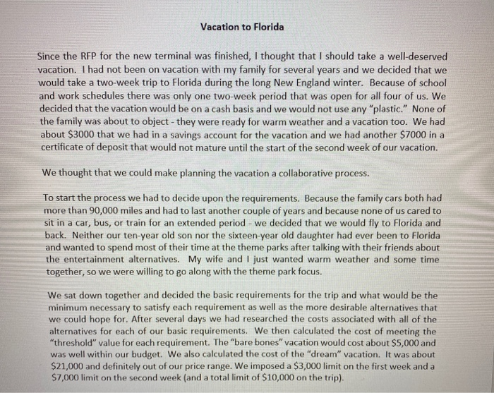 Vacation to Florida Since the RFP for the new