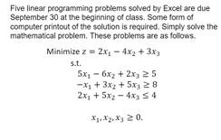 Five linear programming problems solved by Excel