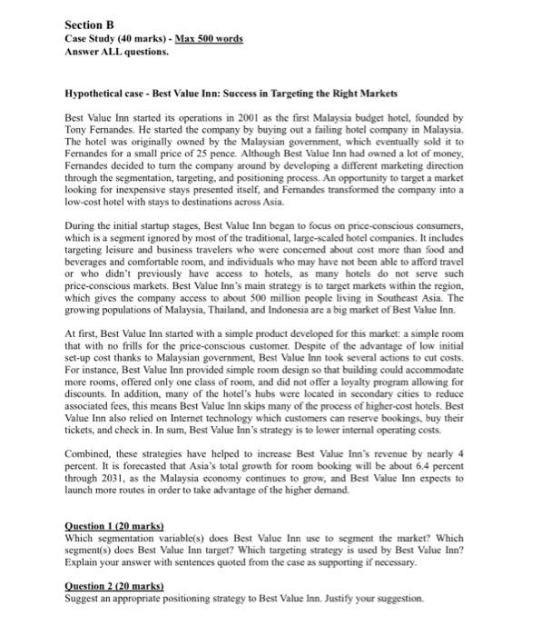 Section B Case Study (40 marks) - Max 500 words