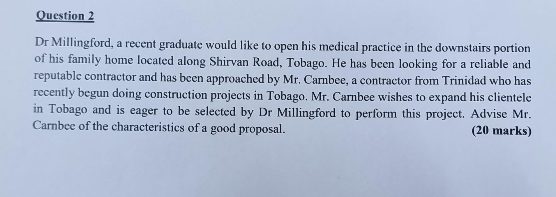 Question 2 Dr Millingford, a recent graduate