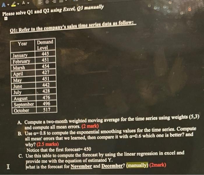 11 ile = ARA Please solve Q1 and Q2 using Excel,