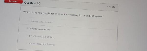 Incorrect Question 10 0/1 pts Which of the