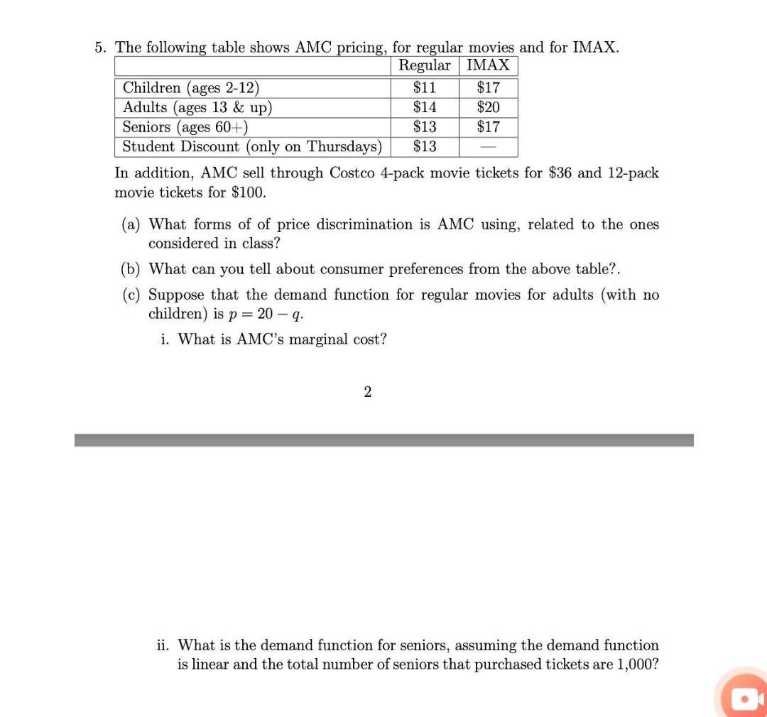 5. The following table shows AMC pricing, for