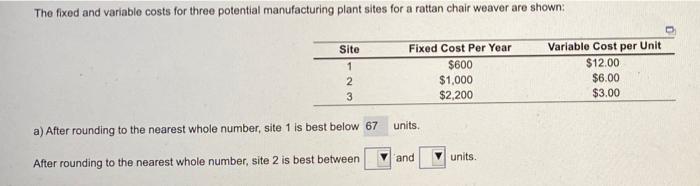 The fixed and variable costs for three potential