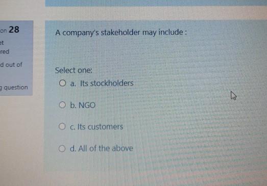 on 28 A company's stakeholder may include: et red