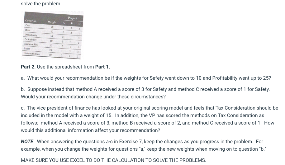 solve the problem. Project Criterion Weight B