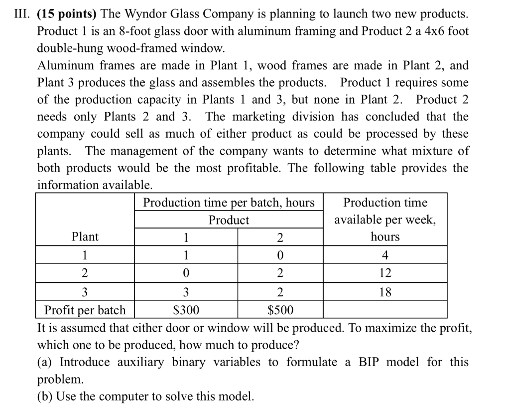 III. (15 points) The Wyndor Glass Company is