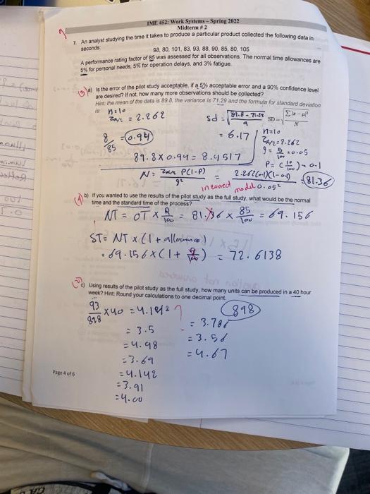 IME 453: Work Systems - Spring 2022 Midterm #2 7.