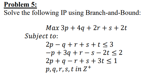 Problem 5: Solve the following IP using