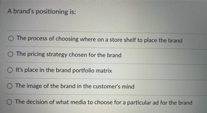 A brand's positioning is: O The process of