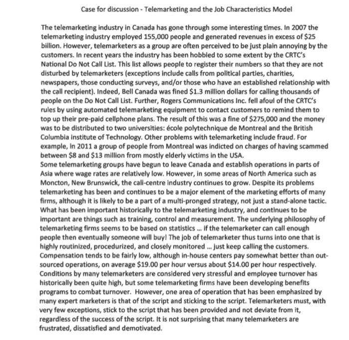 Case for discussion - Telemarketing and the Job