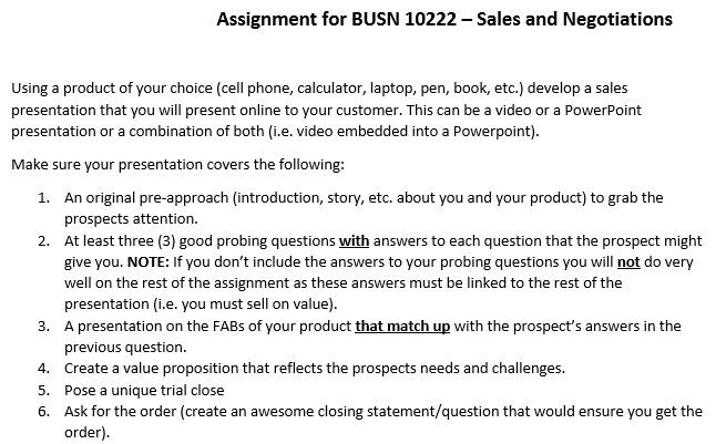 Assignment for BUSN 10222 - Sales and