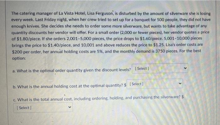 The catering manager of La Vista Hotel, Lisa