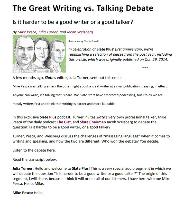 Read the article "The Great Writing vs. Talking