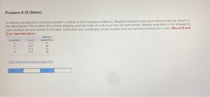 Problem 8-13 (Static) A clothing manufacturer