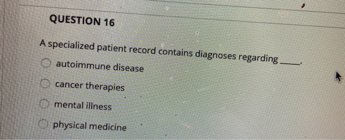 QUESTION 16 A specialized patient record contains