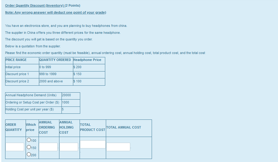 Order Quantity Discount (Inventory) (2 points)