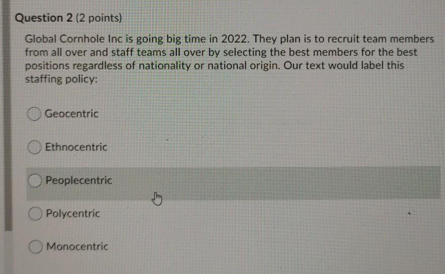 Question 2 (2 points) Global Cornhole Inc is