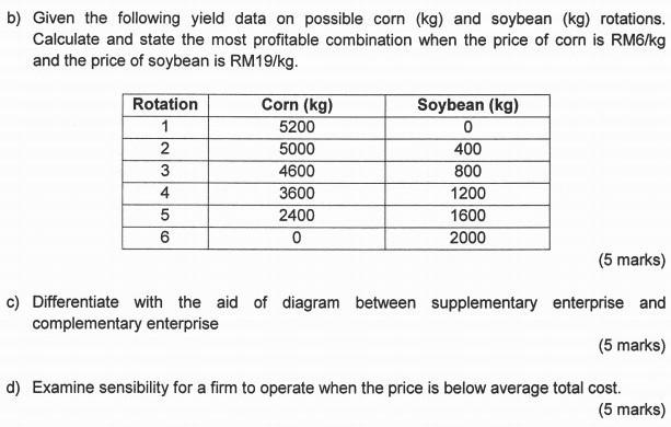b) Given the following yield data on possible