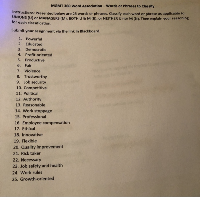 MGMT 360 Word Association - Words or Phrases to